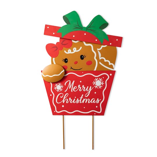 Glitzhome 24" Metal Gingerbread Giftbox Christmas Yard Art, One Size, Red